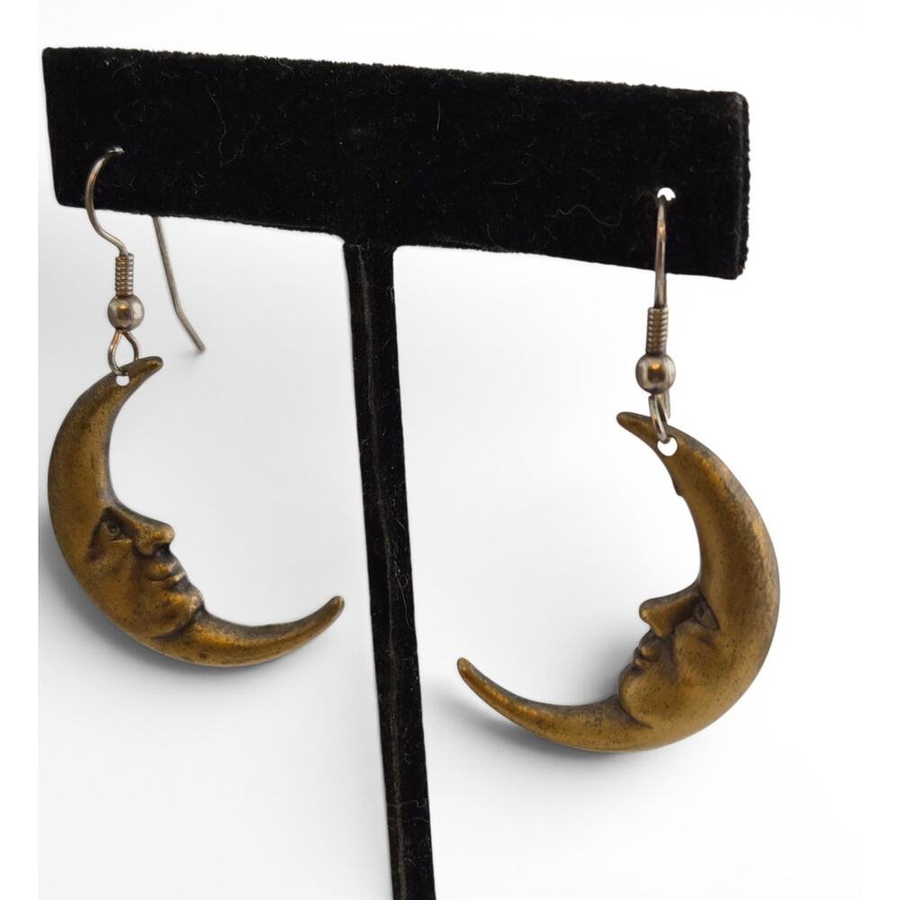 Vintage Crescent Moon Face Earrings Celestial Dangle Boho Goth